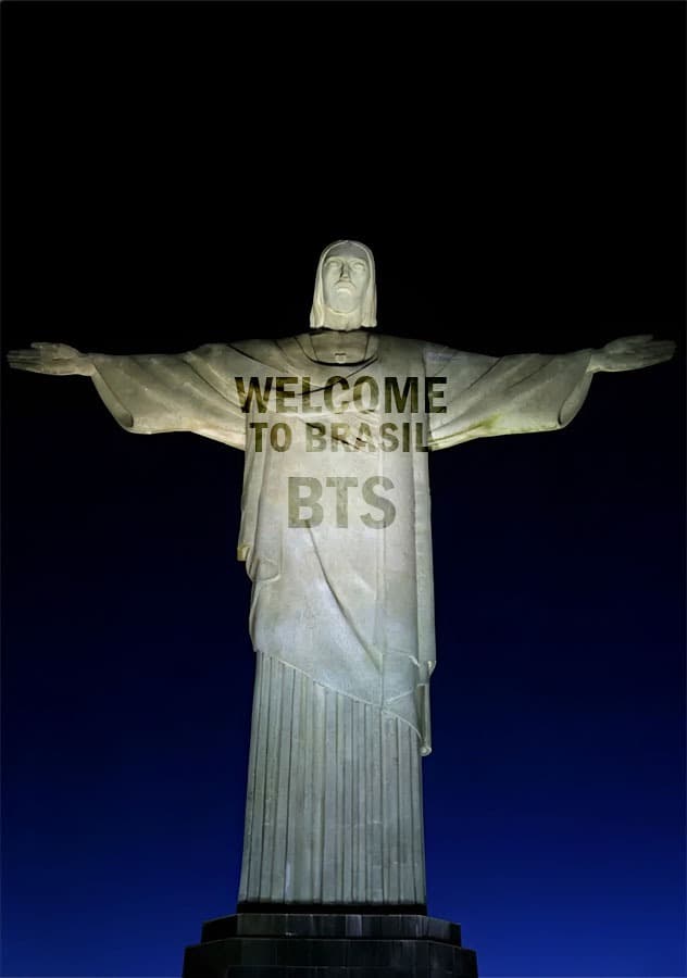 Imagem ilustrativa da projeção de boas-vindas ao BTS no Cristo Redentor